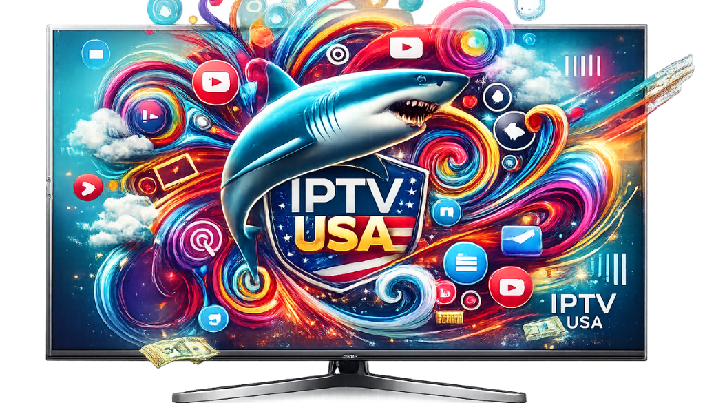Modern IPTV USA streaming TV with colorful digital media artwork, 4K entertainment, live TV, movies, sports, and smart streaming technology.