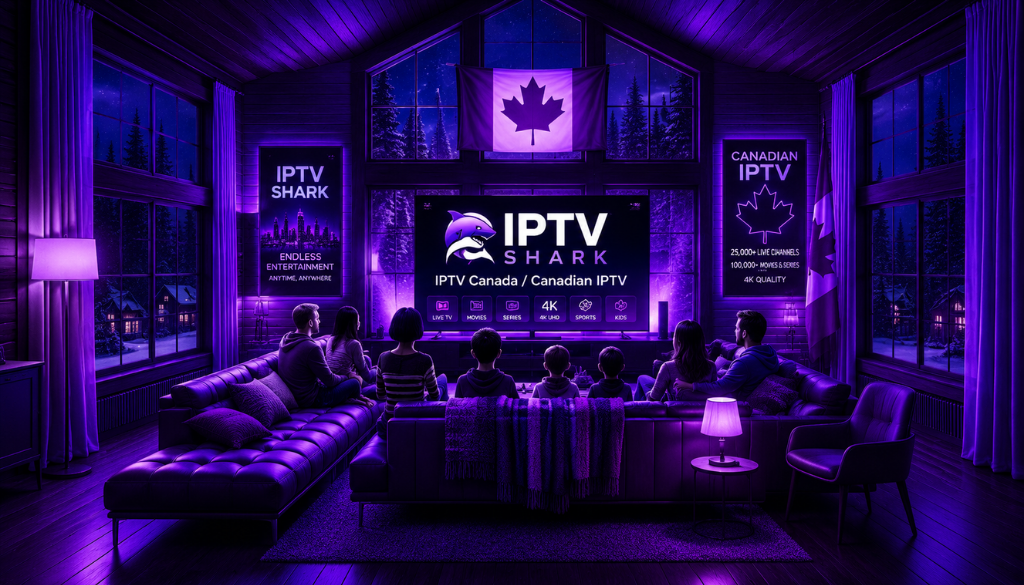 Family enjoying IPTV SHARK Canadian IPTV service with 4K live TV, movies, sports, and premium entertainment in Canada.
