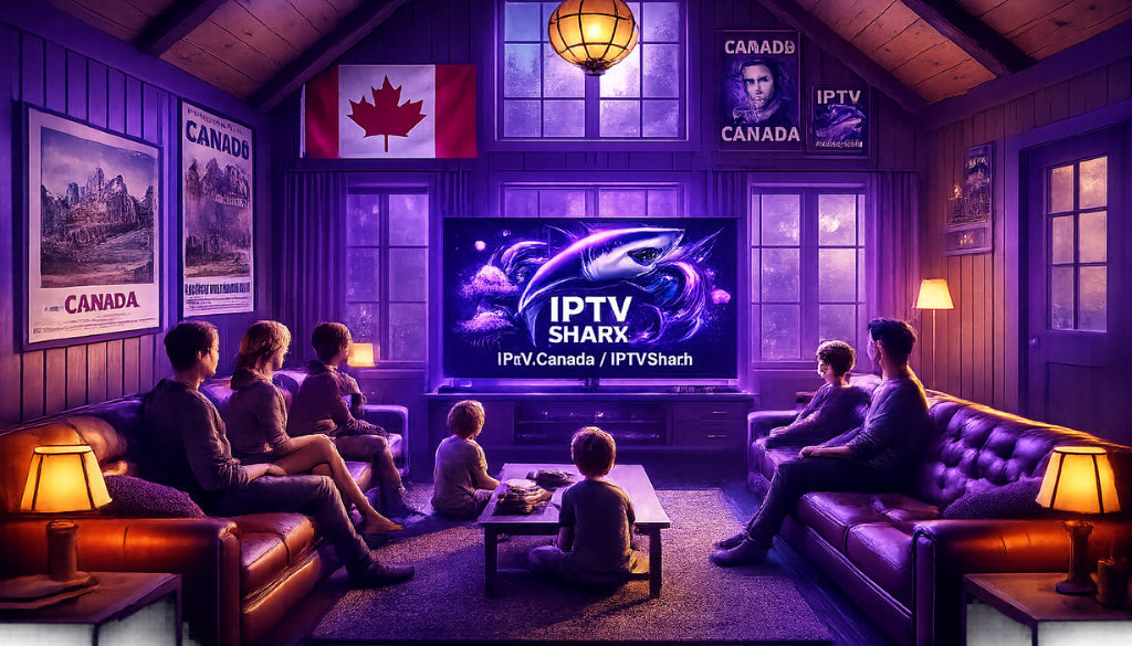 Family watching IPTV SHARK in Canada with premium Canadian IPTV, 25000+ live channels, 100000+ VOD, and 4K streaming quality.