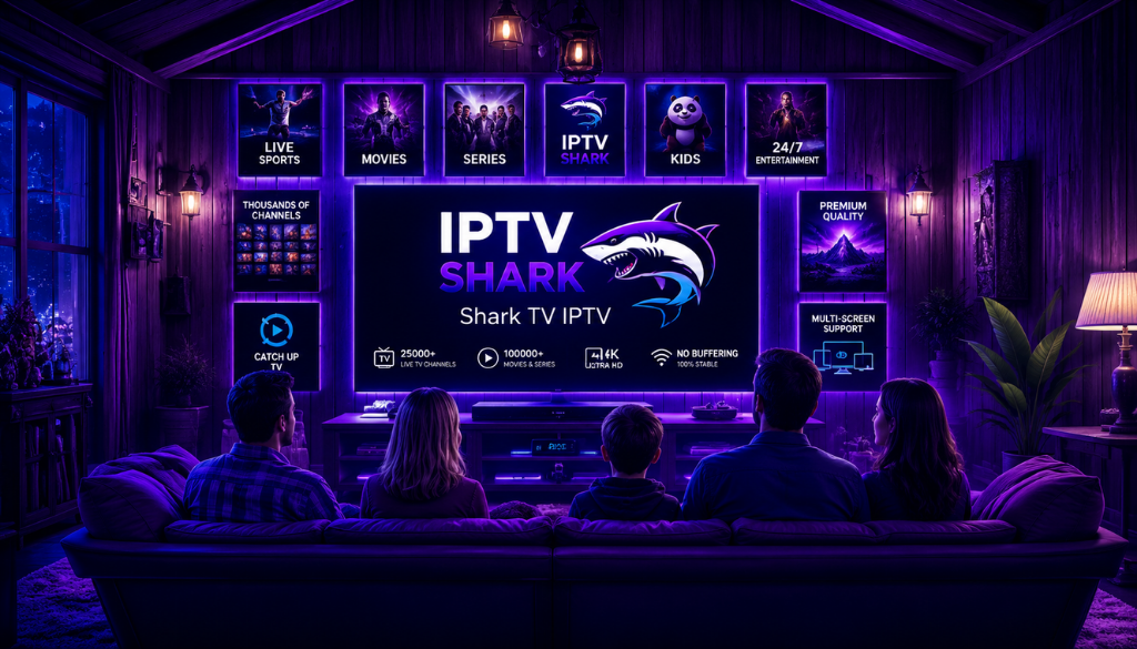 Family watching IPTV Shark on Smart TV with Shark TV IPTV, 4K streaming, live TV channels, movies, sports, and series
