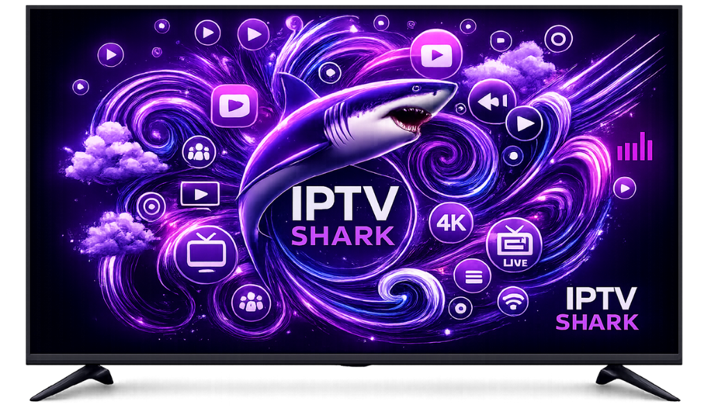 IPTV Shark smart TV interface with 4K streaming, premium entertainment, live TV channels, movies, and series in purple theme