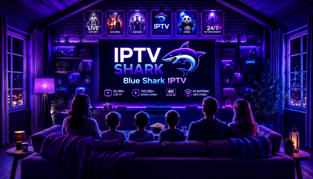 Family enjoying Blue Shark IPTV on Smart TV with 25,000+ live channels, 100,000+ movies and series, and 4K premium streaming