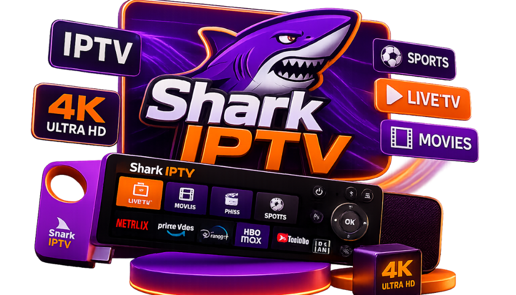 3D Shark IPTV logo with IPTV streaming box, remote control, 4K Ultra HD, Live TV, Sports, and Movies icons on transparent background.