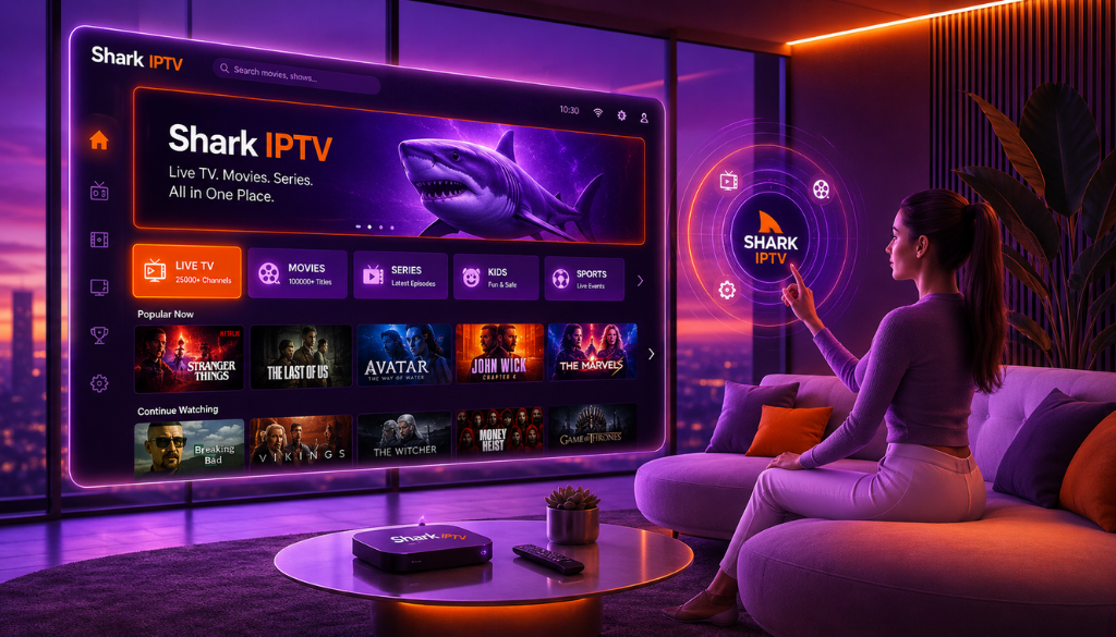 Smart living room with Shark IPTV interface on a large TV, showing live TV, movies, series, sports, and interactive home entertainment system.