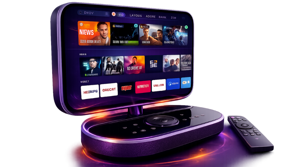IPTV Polska app interface on a modern streaming device with HD entertainment, live TV, movies, series, and remote control for seamless viewing.