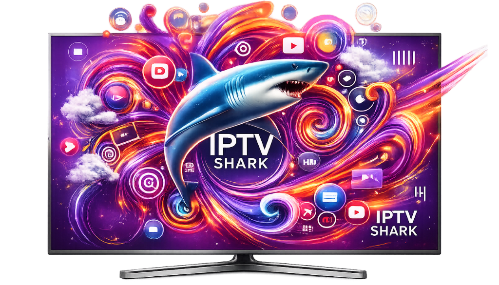 IPTV Polska entertainment screen featuring premium TV streaming, live channels, movies, sports, and modern digital interface with vibrant purple and orange design.