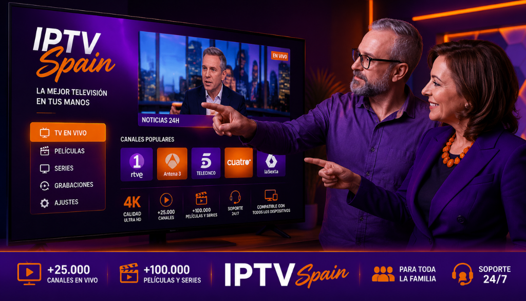 IPTV Polska streaming service displayed on a Smart TV with live channels, news, entertainment, and multi-device support for premium 4K IPTV.
